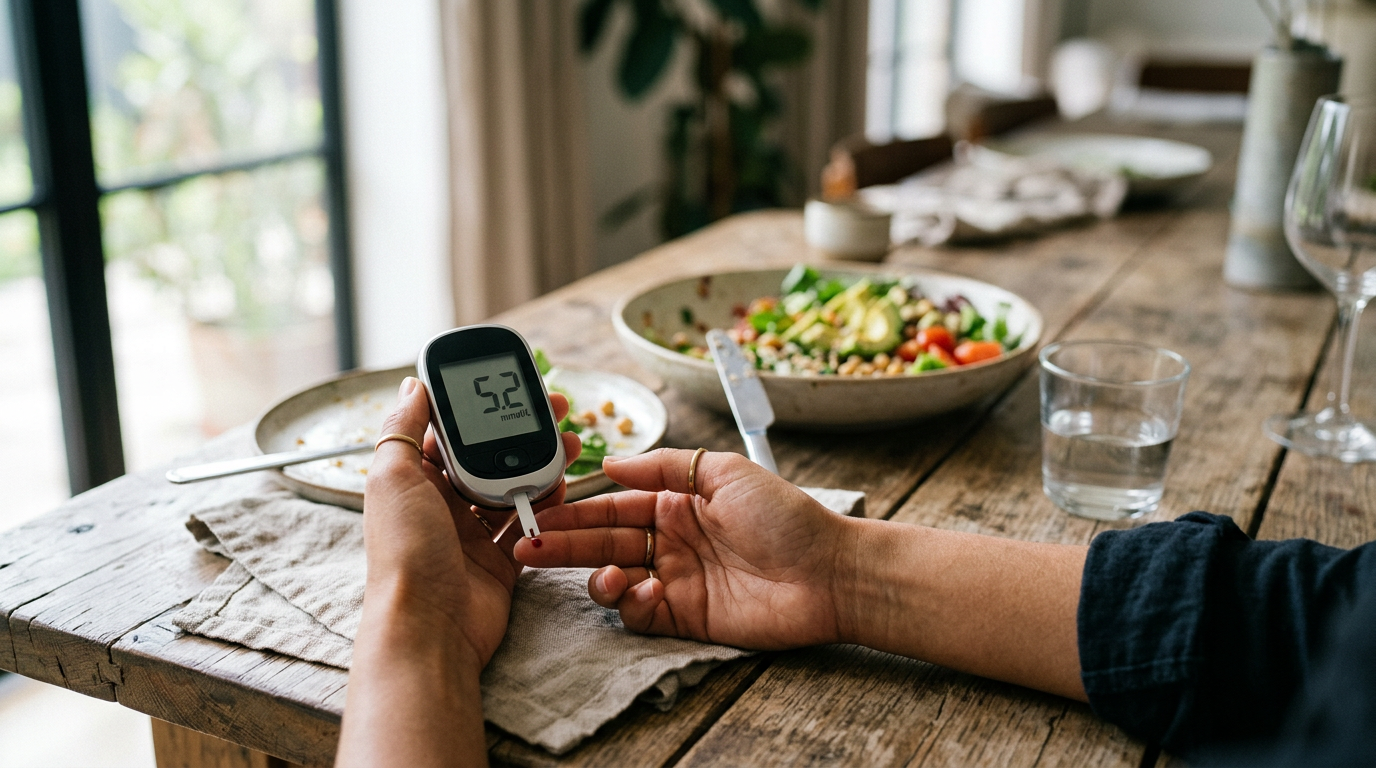 blood glucose meter displaying a healthy reading after a plant-based meal close-up natural light