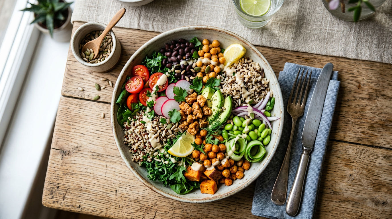 vibrant diverse vegetable bowl healthy featuring legumes leafy greens and whole grains on a wooden table top-down shot