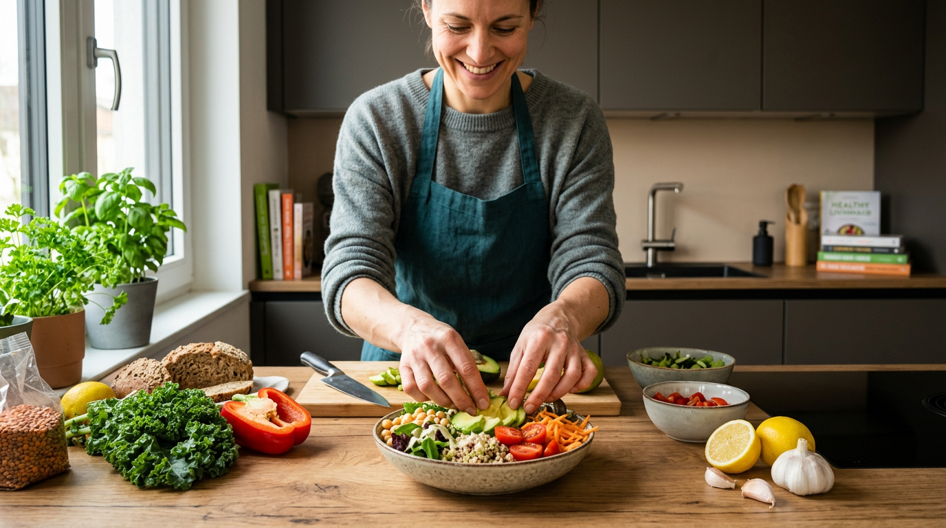 person happily preparing a healthy plant-based meal in a modern german kitchen symbolic of diabetes prevention