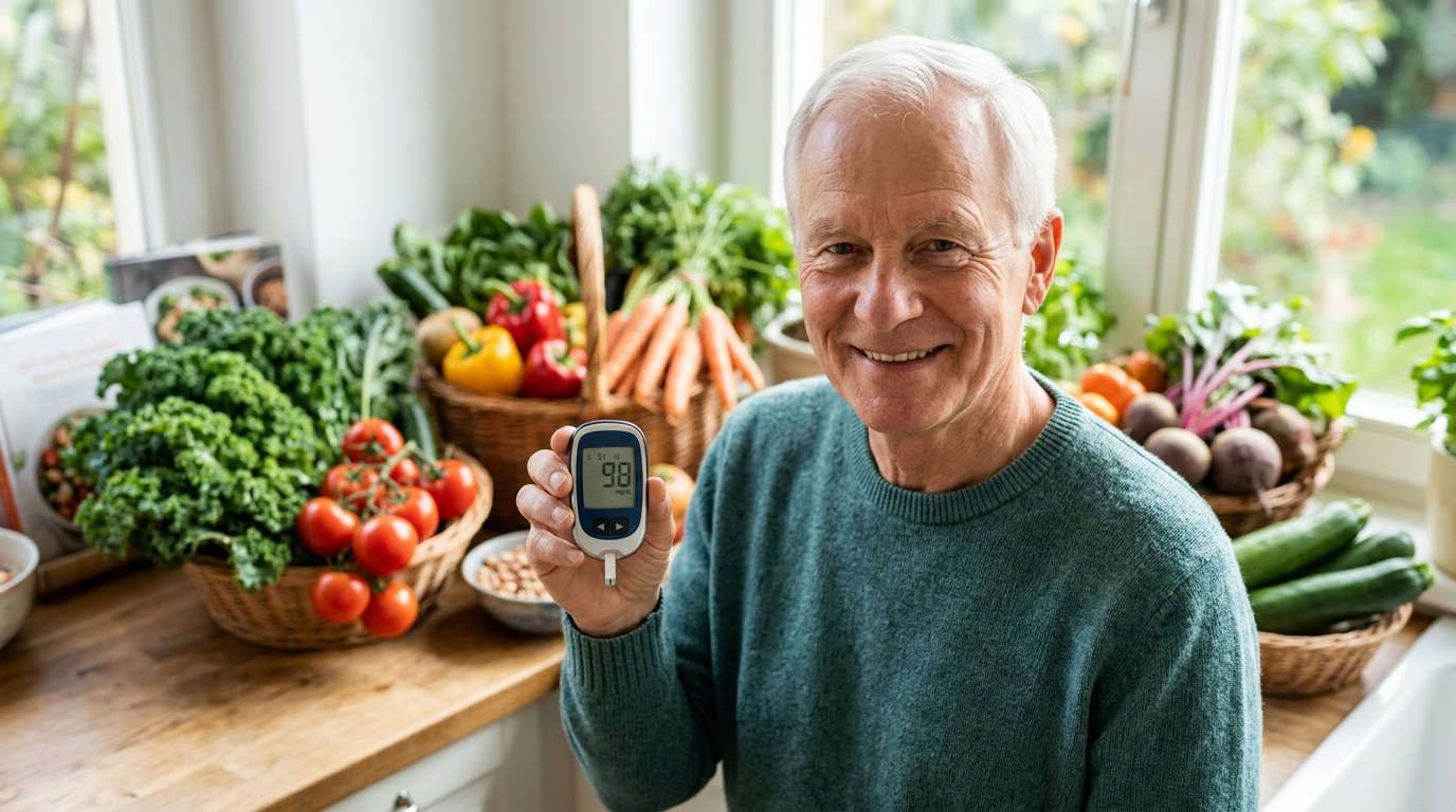 elderly german man smiling holding a blood glucose meter showing good results with fresh vegetables in the background