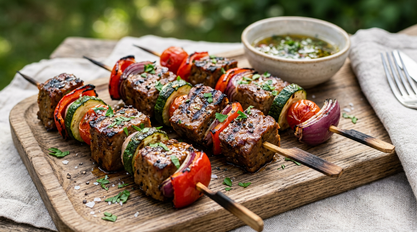 close up of grilled seitan skewers