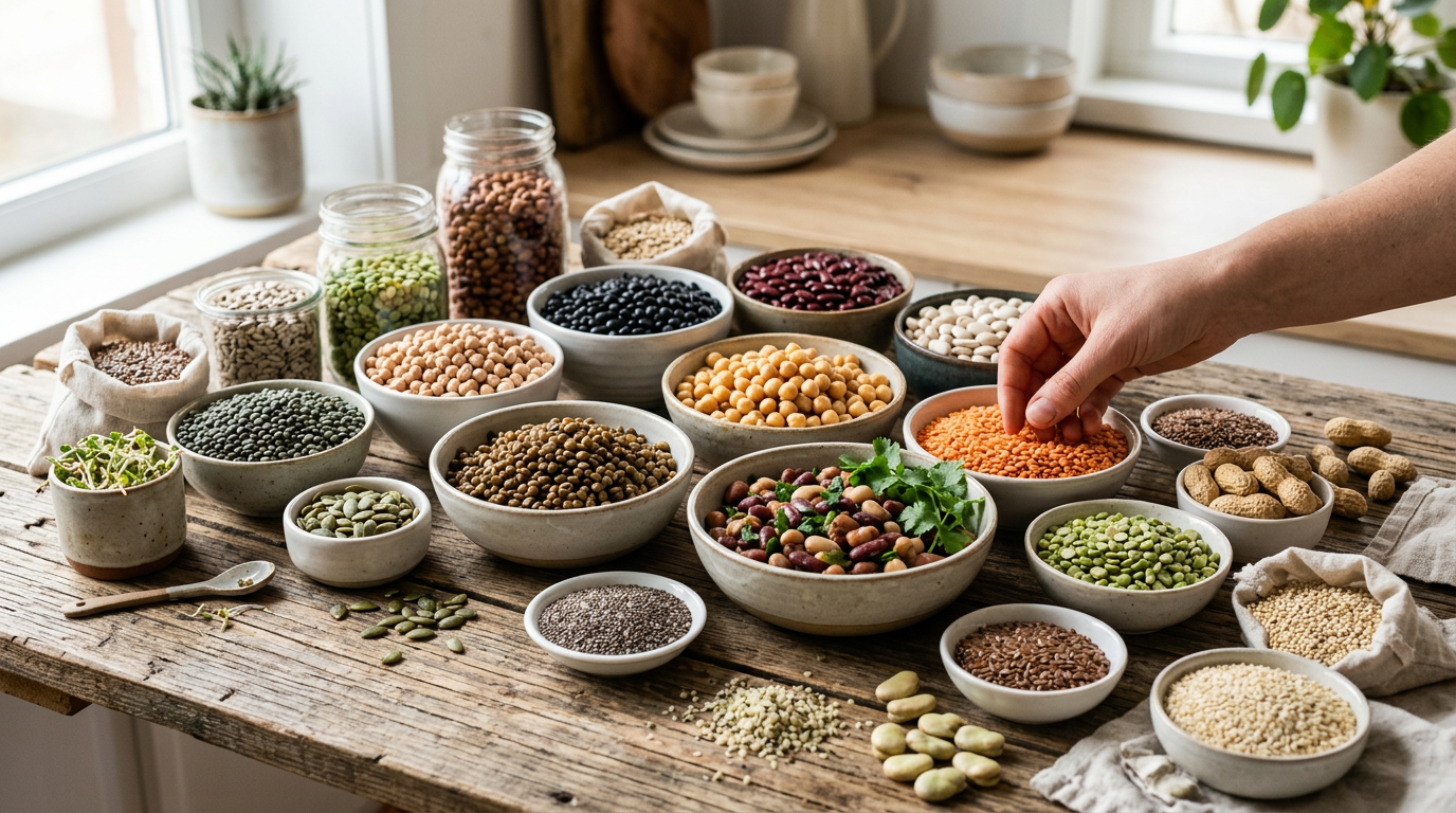 variety of vegan protein sources legumes and seeds