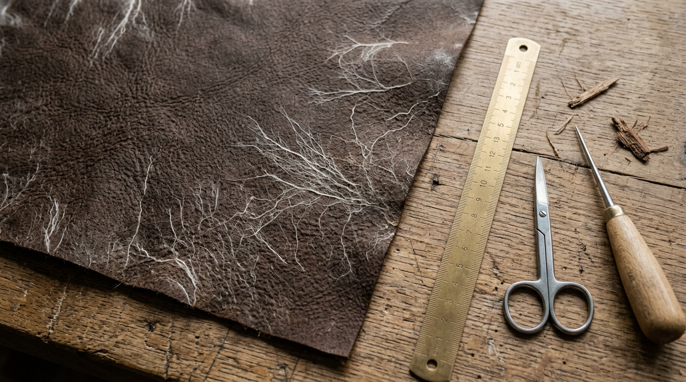overhead shot of mylo mushroom mycelium leather on a workbench delicate strands visible