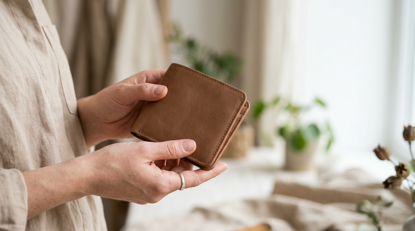 apple leather wallet with a smooth matte finish held gently