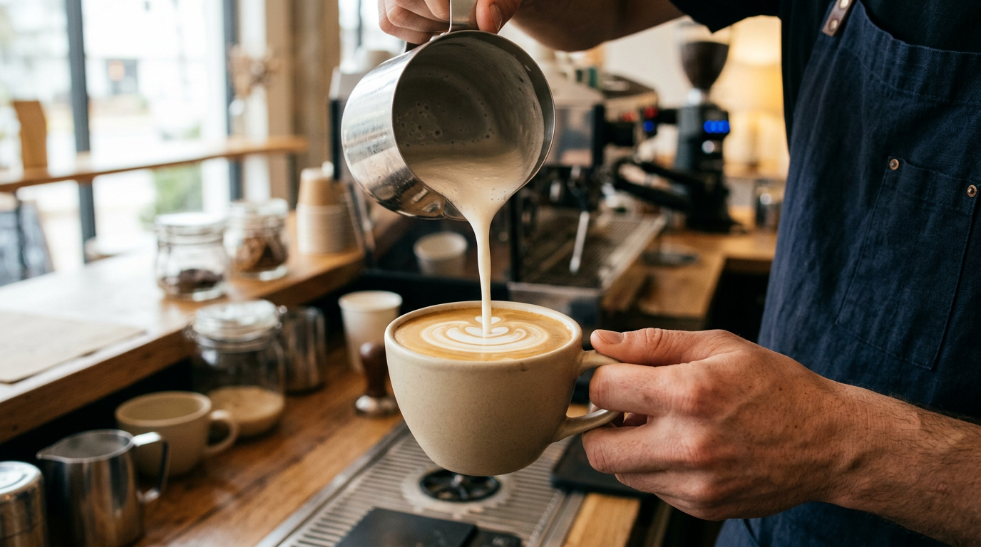 oat milk pouring into a barista s latte cup close-up creamy texture professional setting natural light