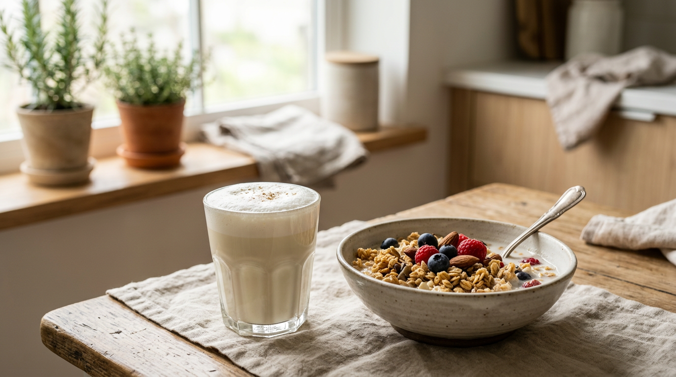 glass of soy milk with frothy top next to a bowl of cereal kitchen background morning light