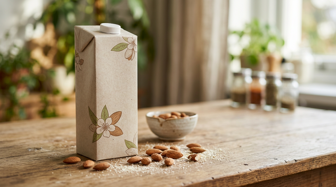 almond milk carton on a rustic wooden table with whole almonds scattered soft focus background