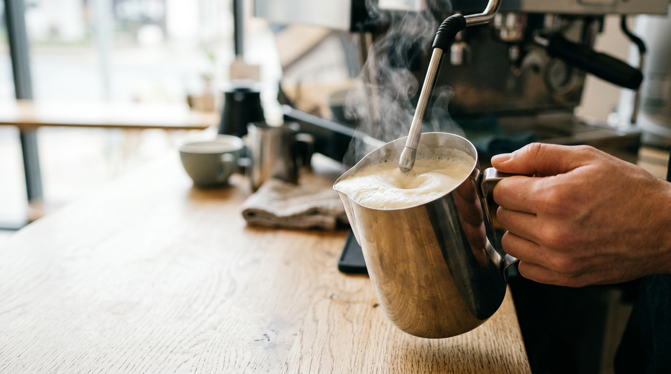 pea milk being frothed in a stainless steel pitcher steam visible hand holding pitcher