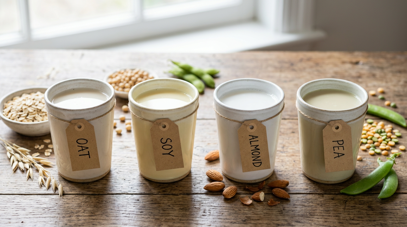 side-by-side comparison of four different opaque glasses each containing a different plant milk oat soy almond pea labelled clearly