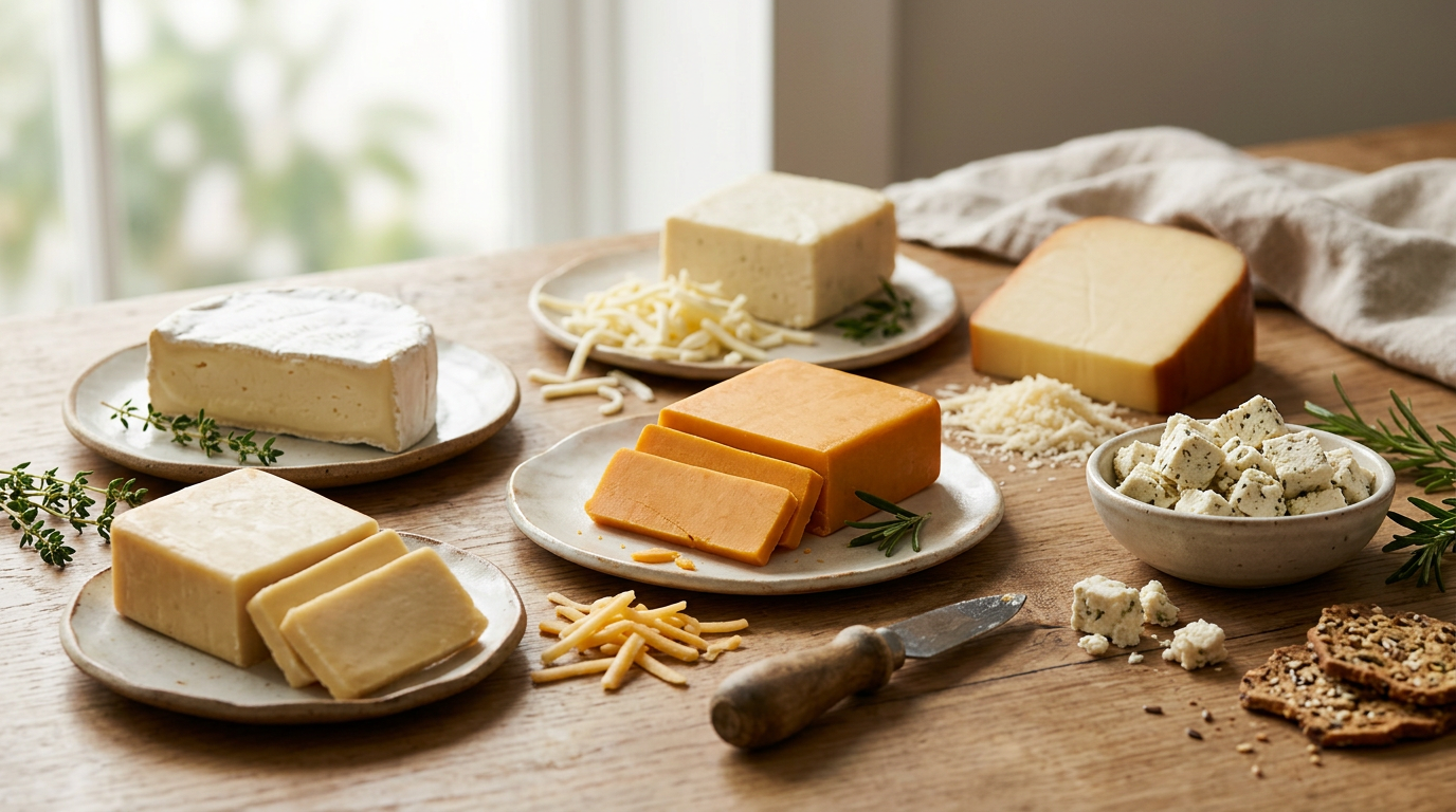 various types of vegan cheese blocks and shreds