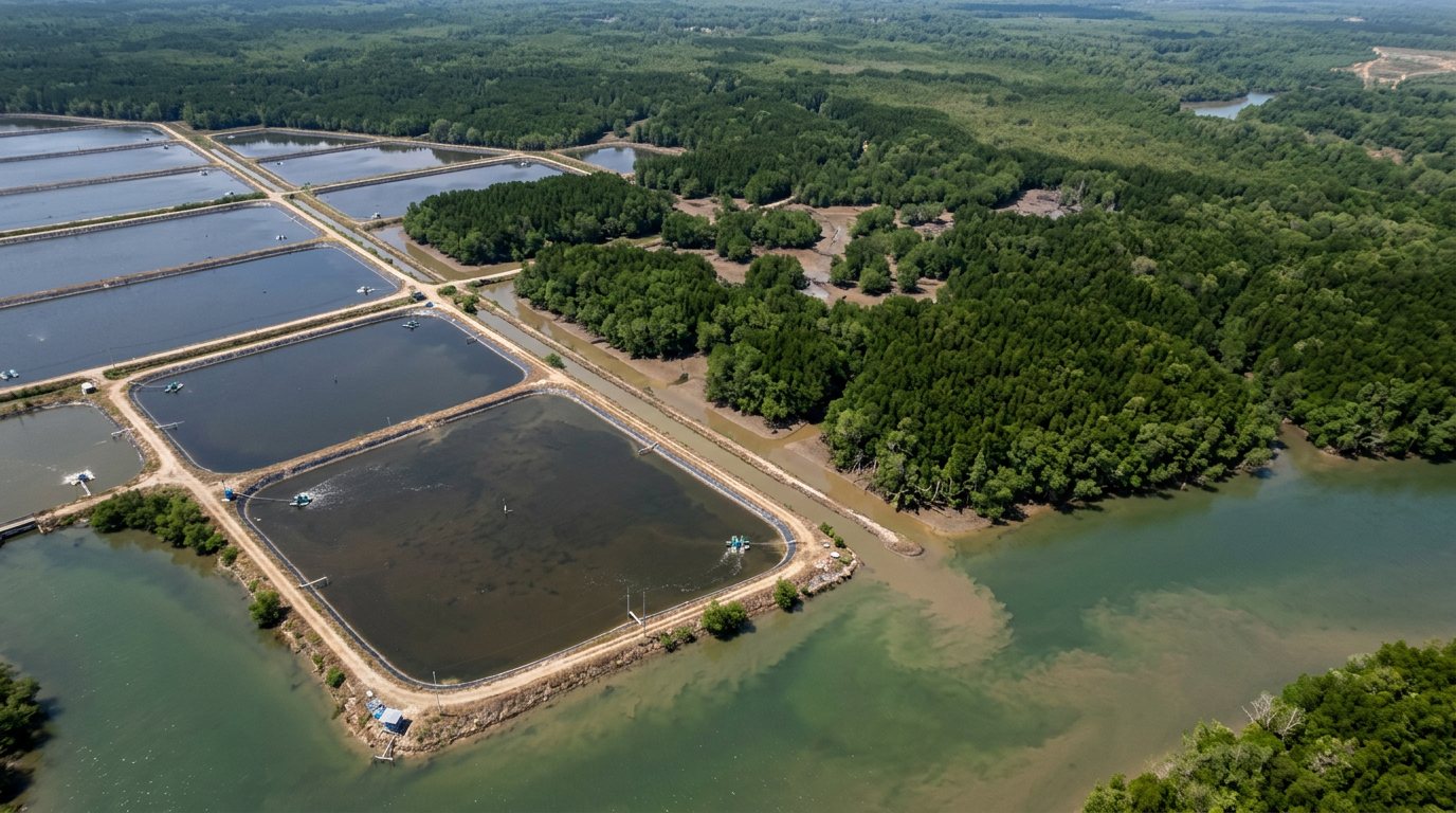 aerial view of large commercial shrimp farm ponds destroying mangrove forests in southeast asia