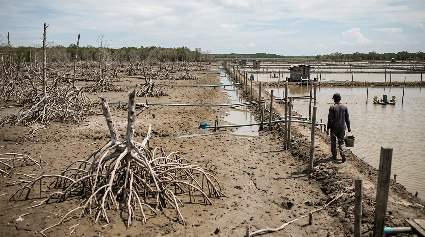destroyed mangrove forest replaced by shrimp aquaculture farm with barren land and exposed roots
