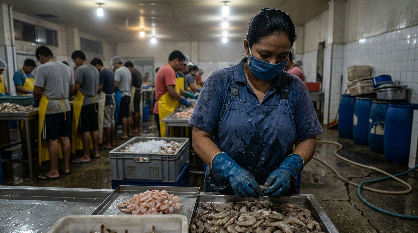 factory processing peeled shrimp showing workers in poor conditions with minimal safety gear dimly lit