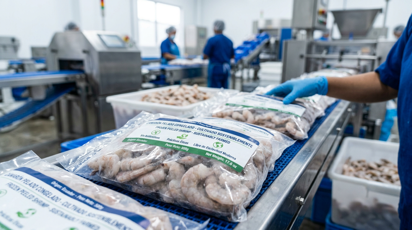packaging line for frozen peeled shrimp in a processing plant close up on labeled bags