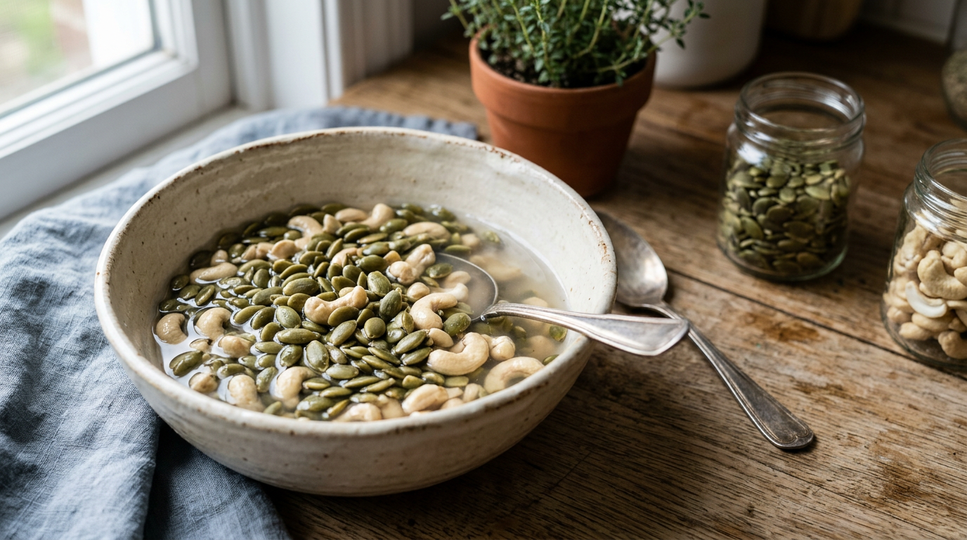 bowl of soaked pumpkin seeds and cashews ready for cooking natural light close up