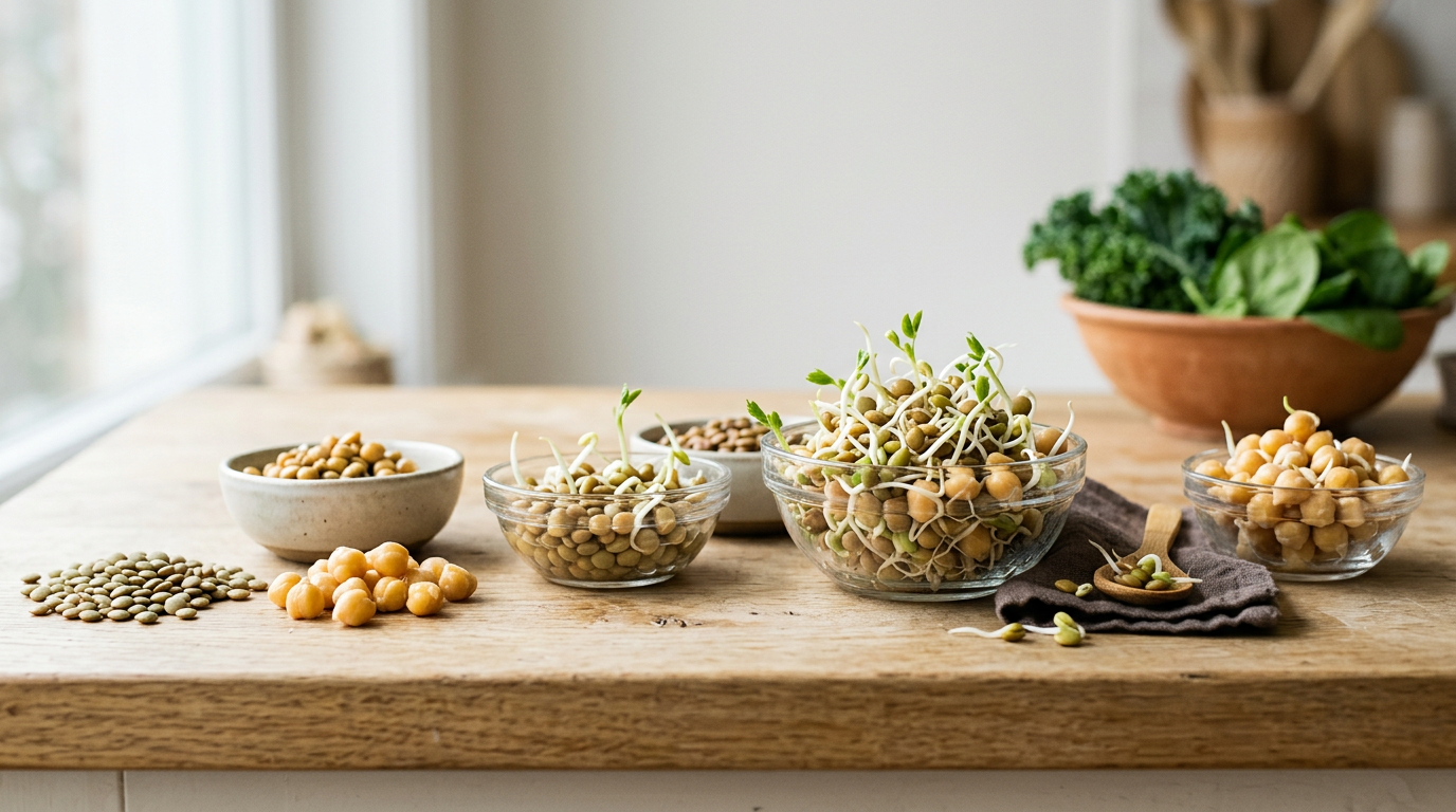 sprouted lentils and chickpeas on a kitchen counter various stages of sprouting macro lens