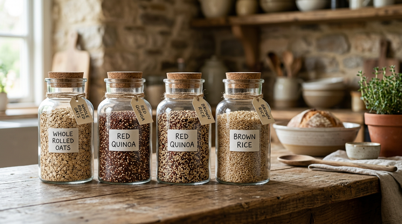 various whole grains oats quinoa brown rice in separate glass jars rustic kitchen background