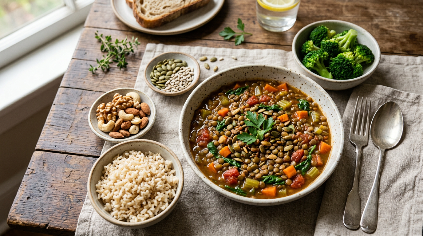 a diverse vegan meal rich in zinc lentil stew steamed broccoli brown rice nuts and seeds overhead shot