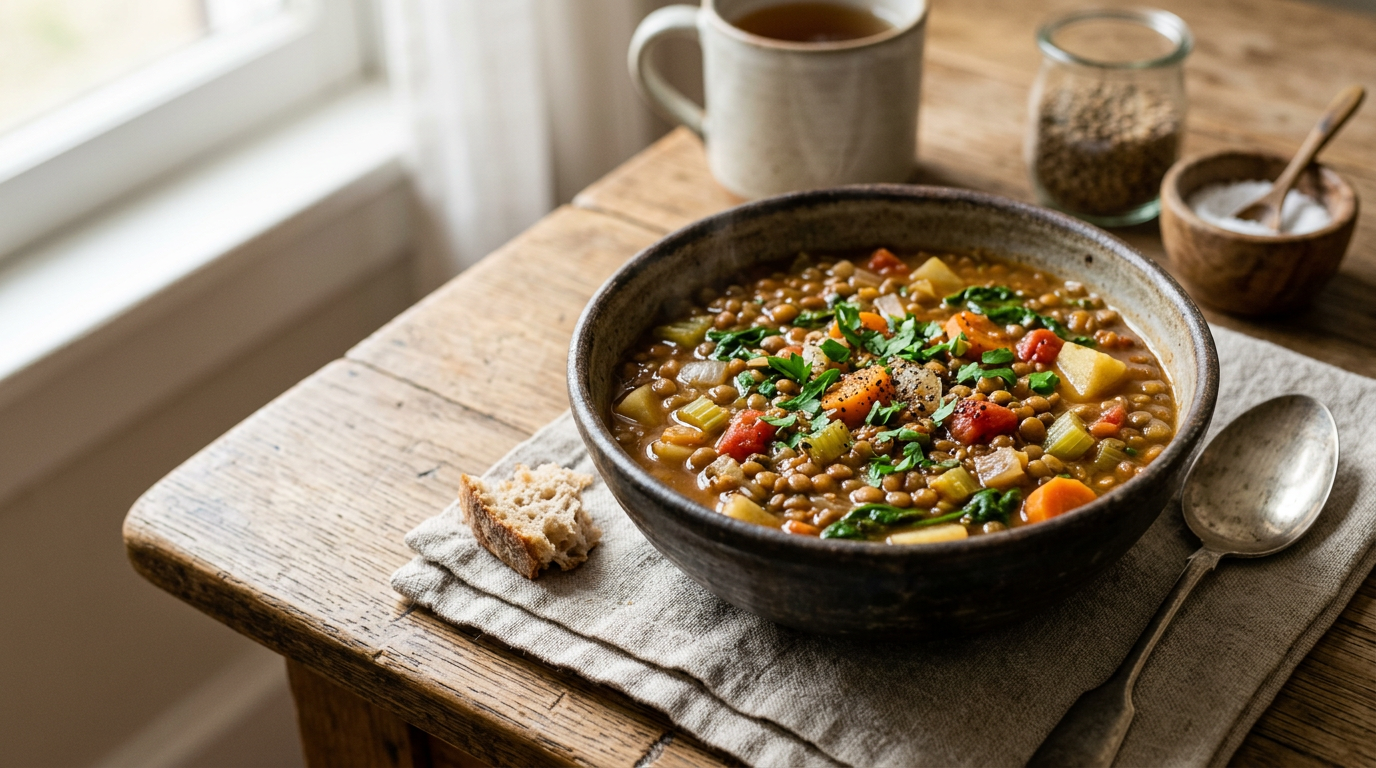 lentil stew in rustic bowl