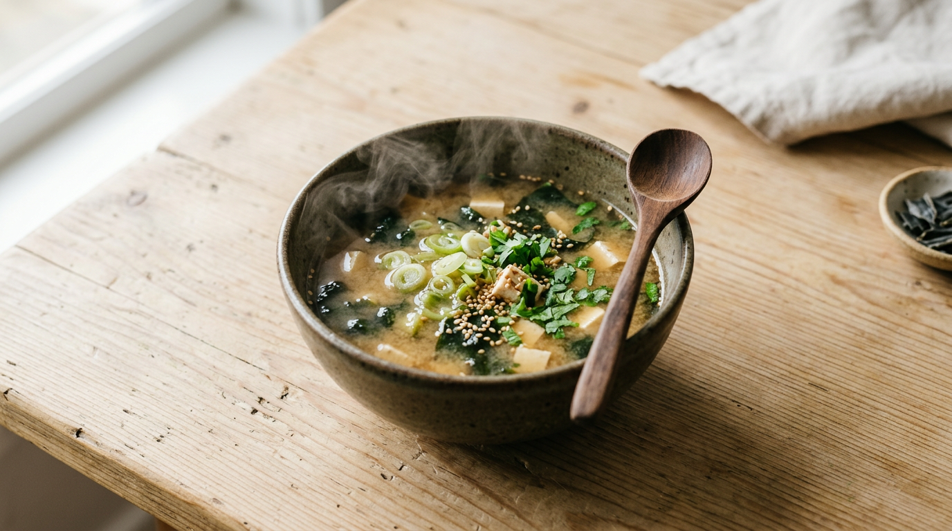 overhead shot of a minimalist bowl of umami-rich miso soup steam rising perfect depth of field natural light on a light wooden table