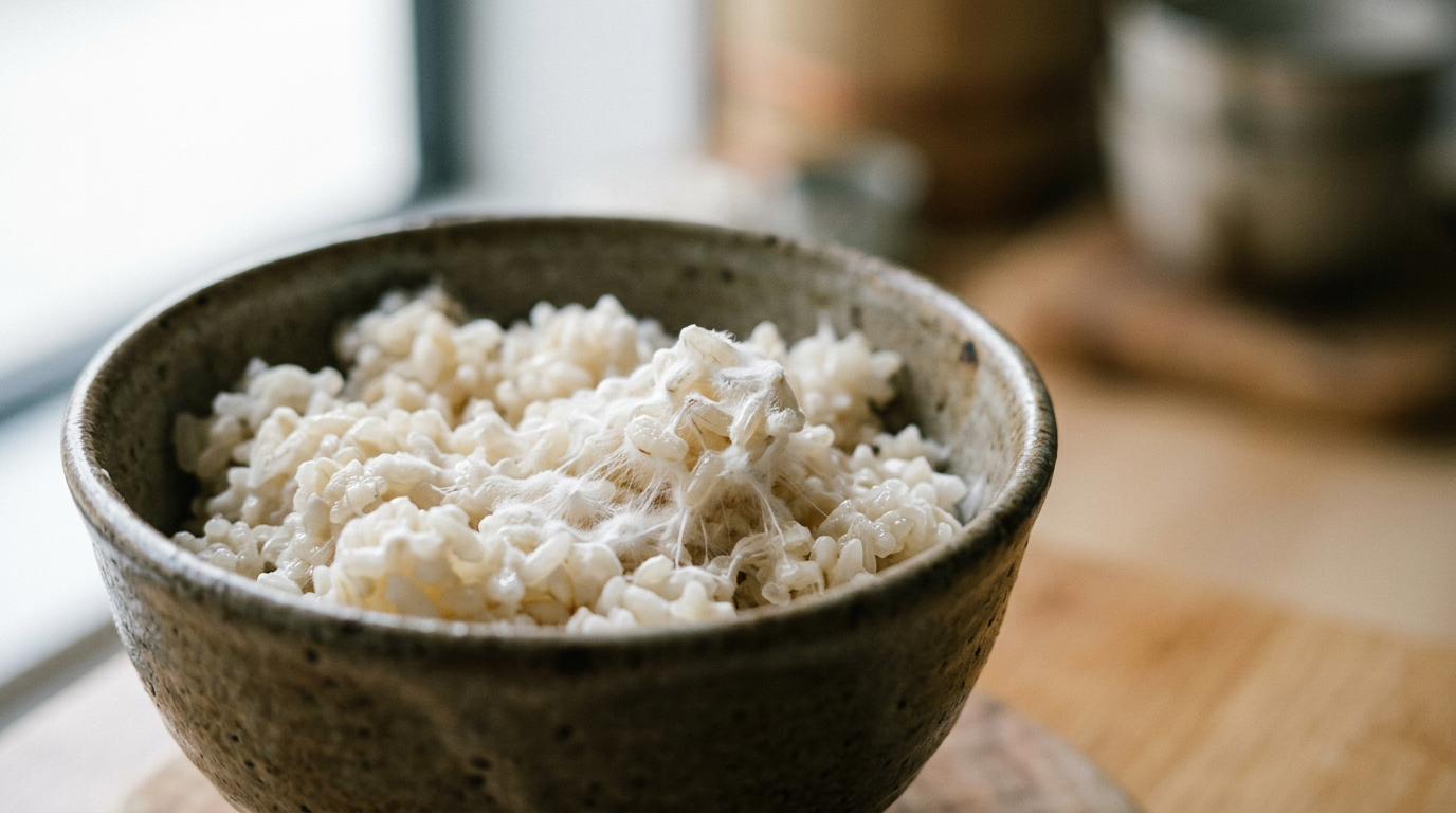 close-up macro shot of healthy koji rice mold with visible white mycelium growing on cooked rice grains in a traditional ceramic bowl