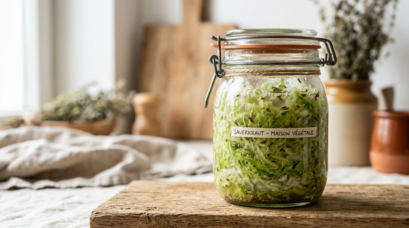 stylized studio shot of a rustic glass jar filled with vibrant fermented green sauerkraut bubbles visible well-lit clean background