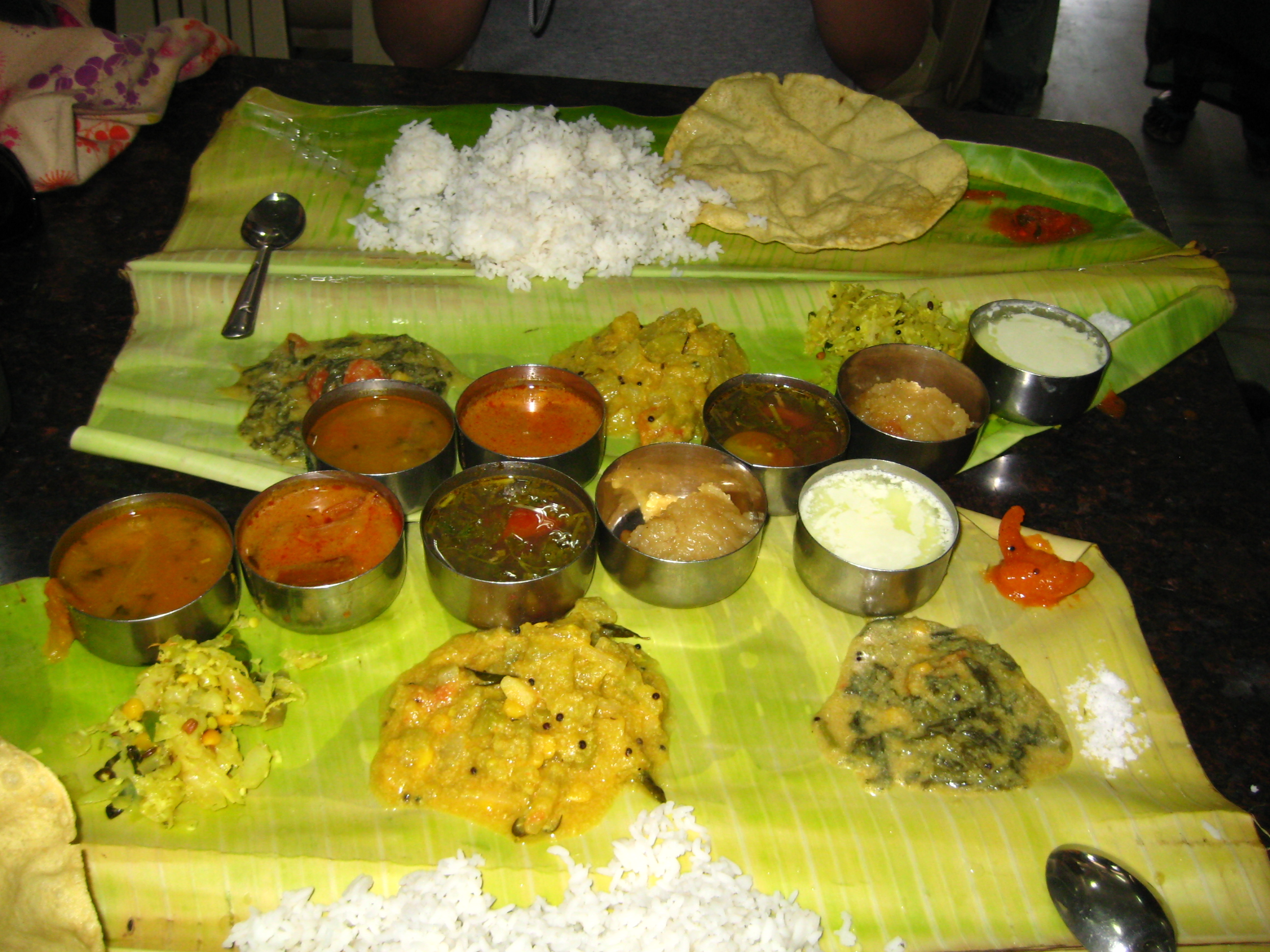 A Thali, famous South Indian meal served on a banana leaf.jpg