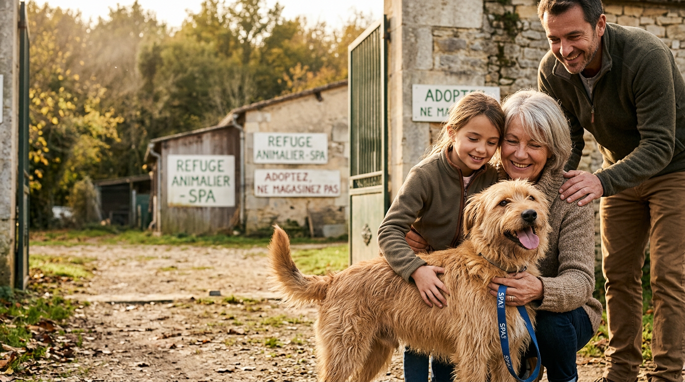 dog shelter rescue in france happy dog being adopted by a family warm light professional photo journalism