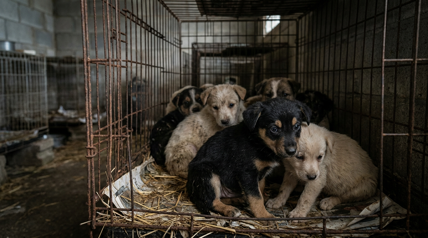 puppy mill cage multiple small puppies in cramped unsanitary conditions dim lighting sad atmosphere realistic photo