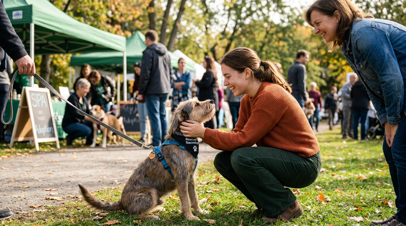 rescue dog adoption event in quebec people interacting with rescued dogs natural light joyful atmosphere
