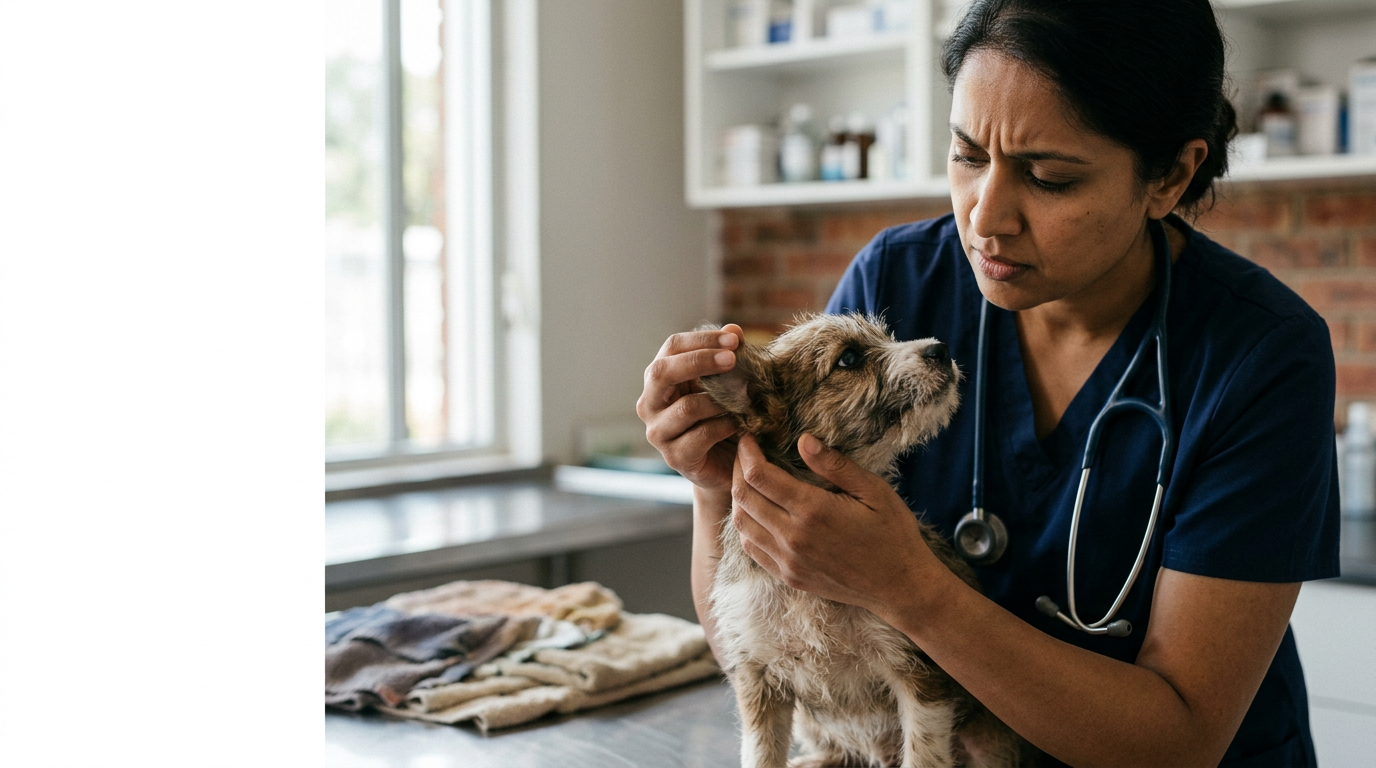 veterinarian examining a rescued puppy for health issues concerned expression clinic setting close-up