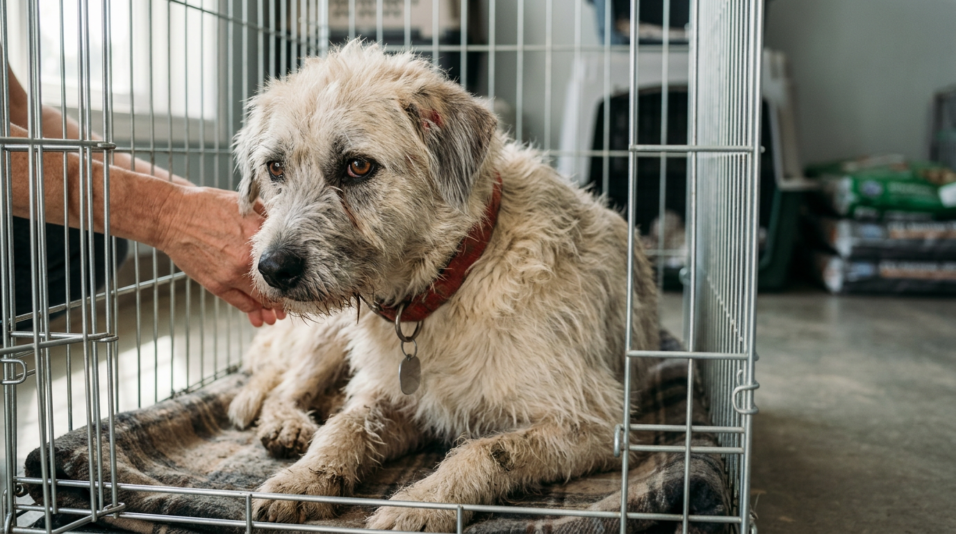 abandoned breeding dog with signs of neglect weary eyes sheltered by a humanitarian organization realistic