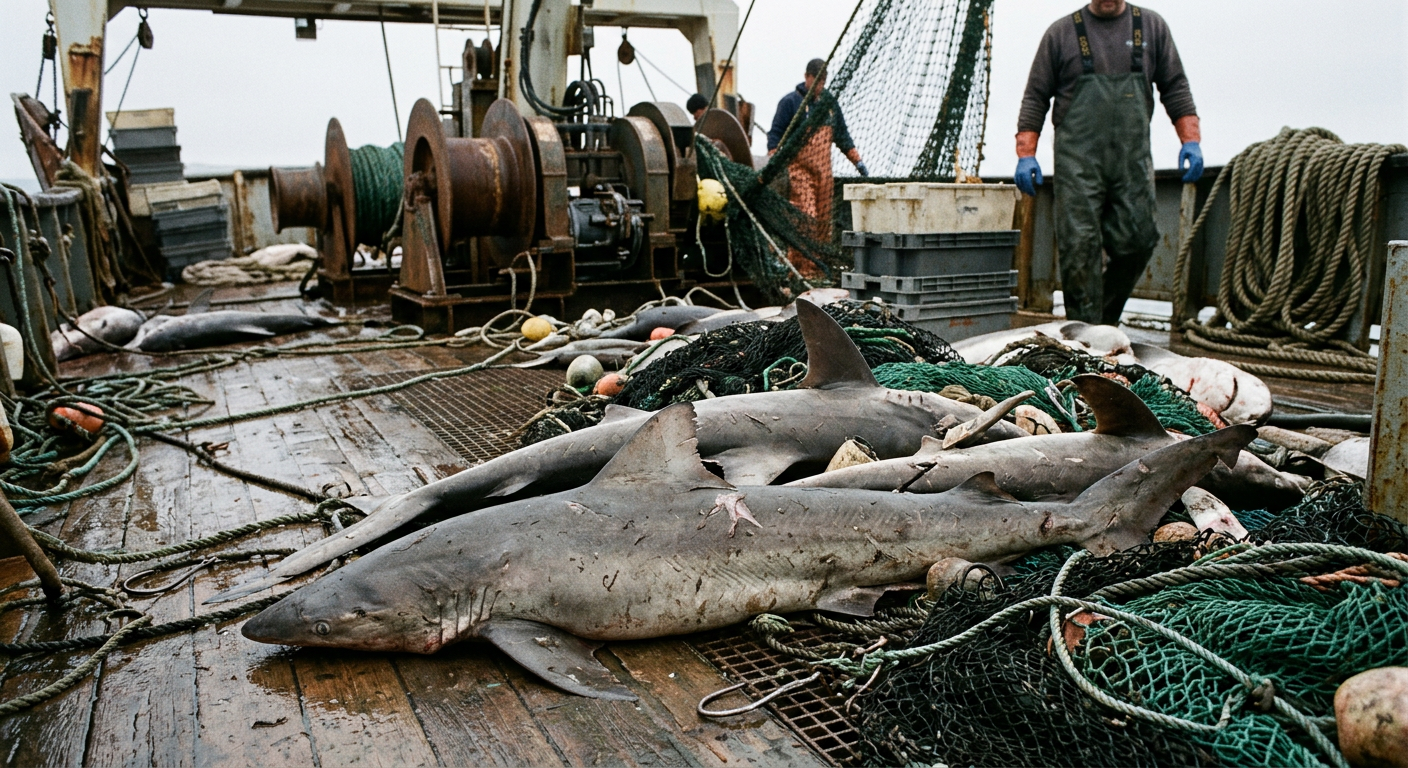 dead sharks on fishing boat deck