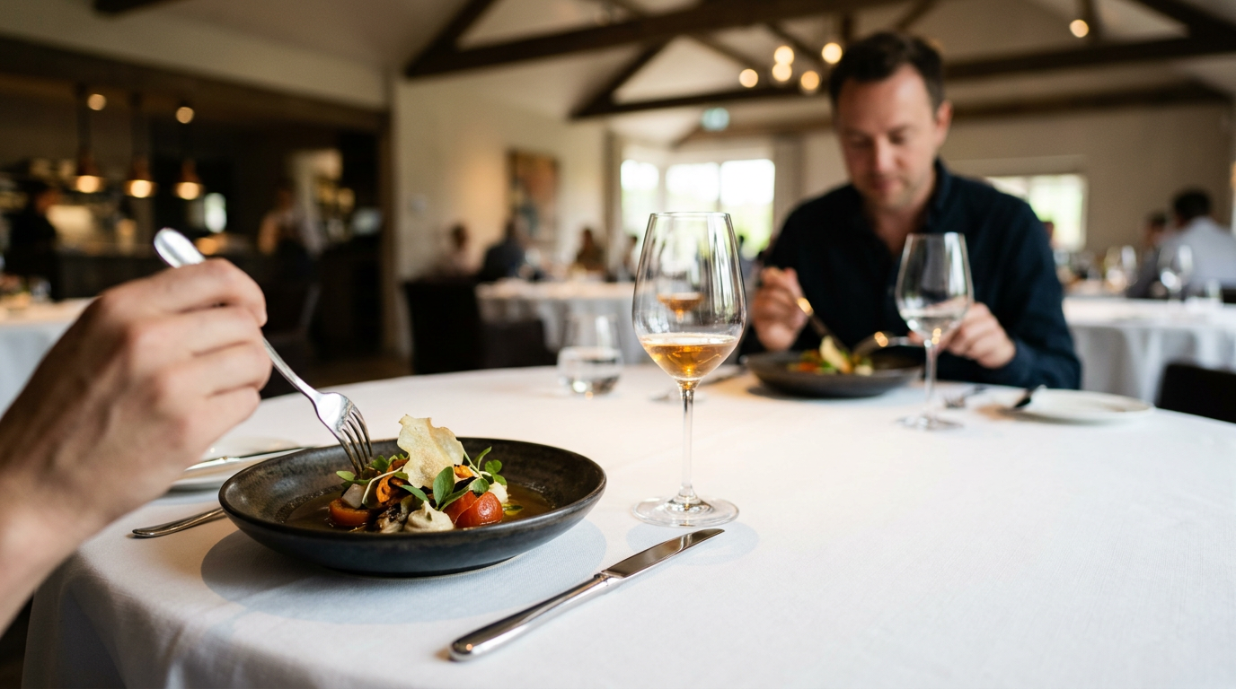 gourmet vegan tasting menu at avant-garde restaurant white tablecloths soft lighting