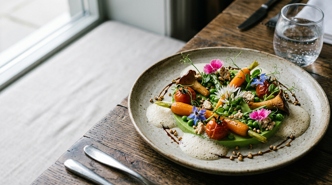 michelin star plant-based dish intricate plating edible flowers close-up