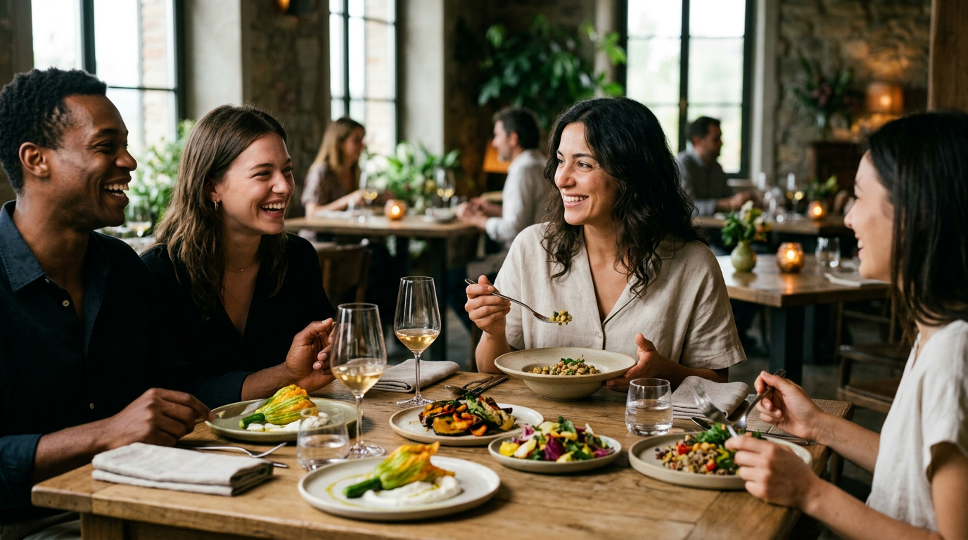 elegant vegan fine dining restaurant interior blurred background focus on happy diners