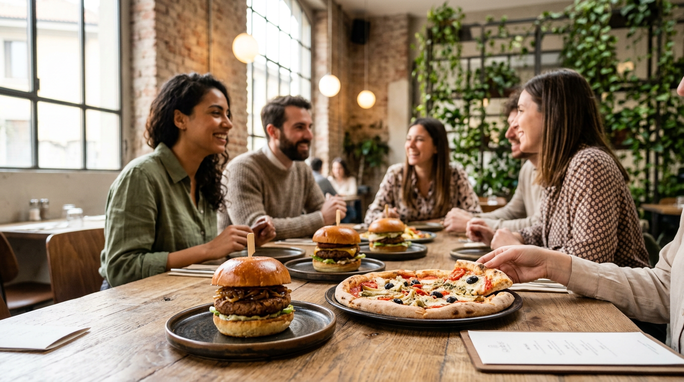 stacked vegan burgers and plant-based pizzas on modern restaurant menu diverse crowd