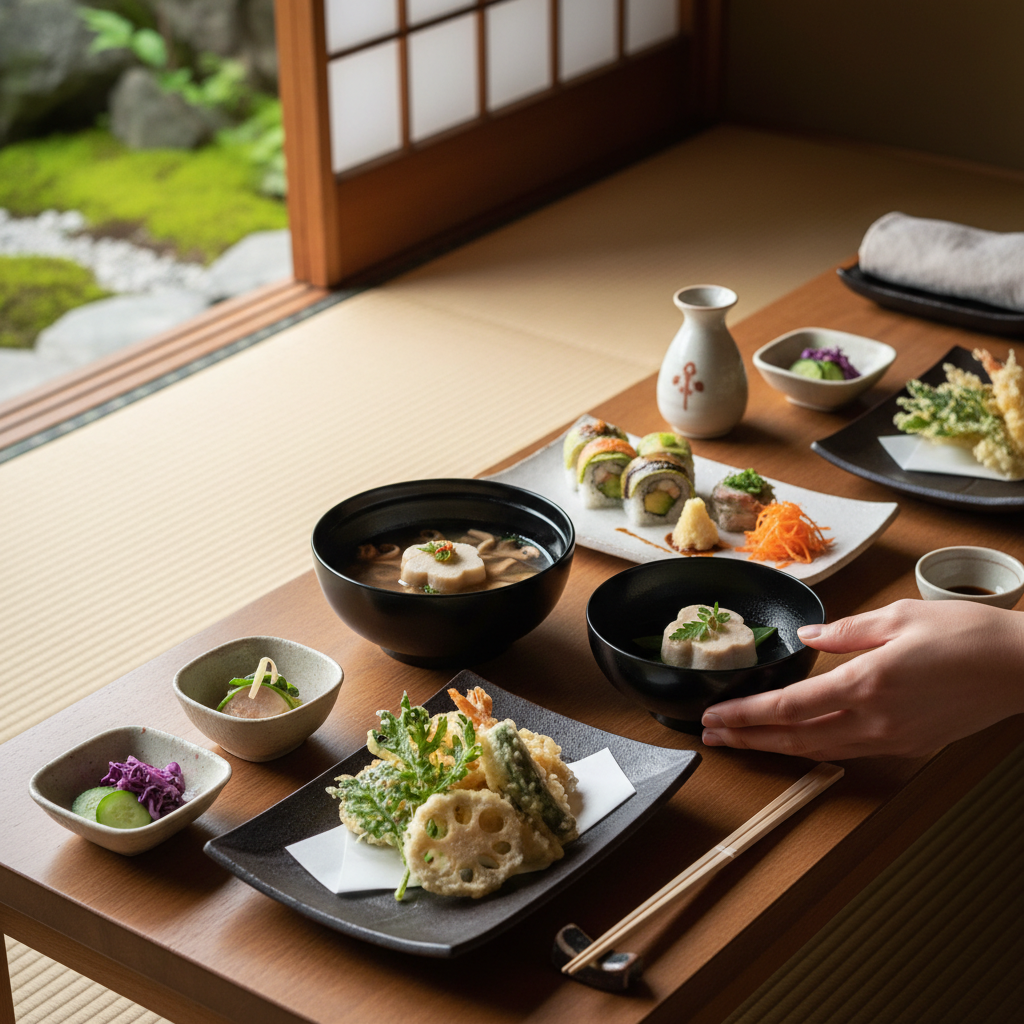 beautifully plated vegan kaiseki meal