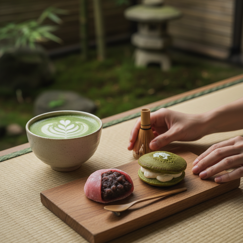 matcha latte with japanese vegan dessert