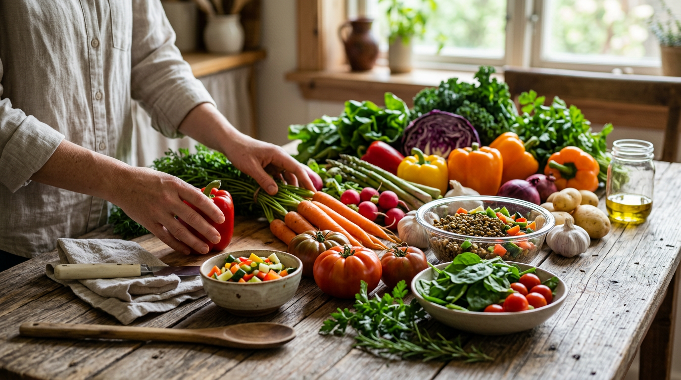 healthy colorful vegetables on wooden table