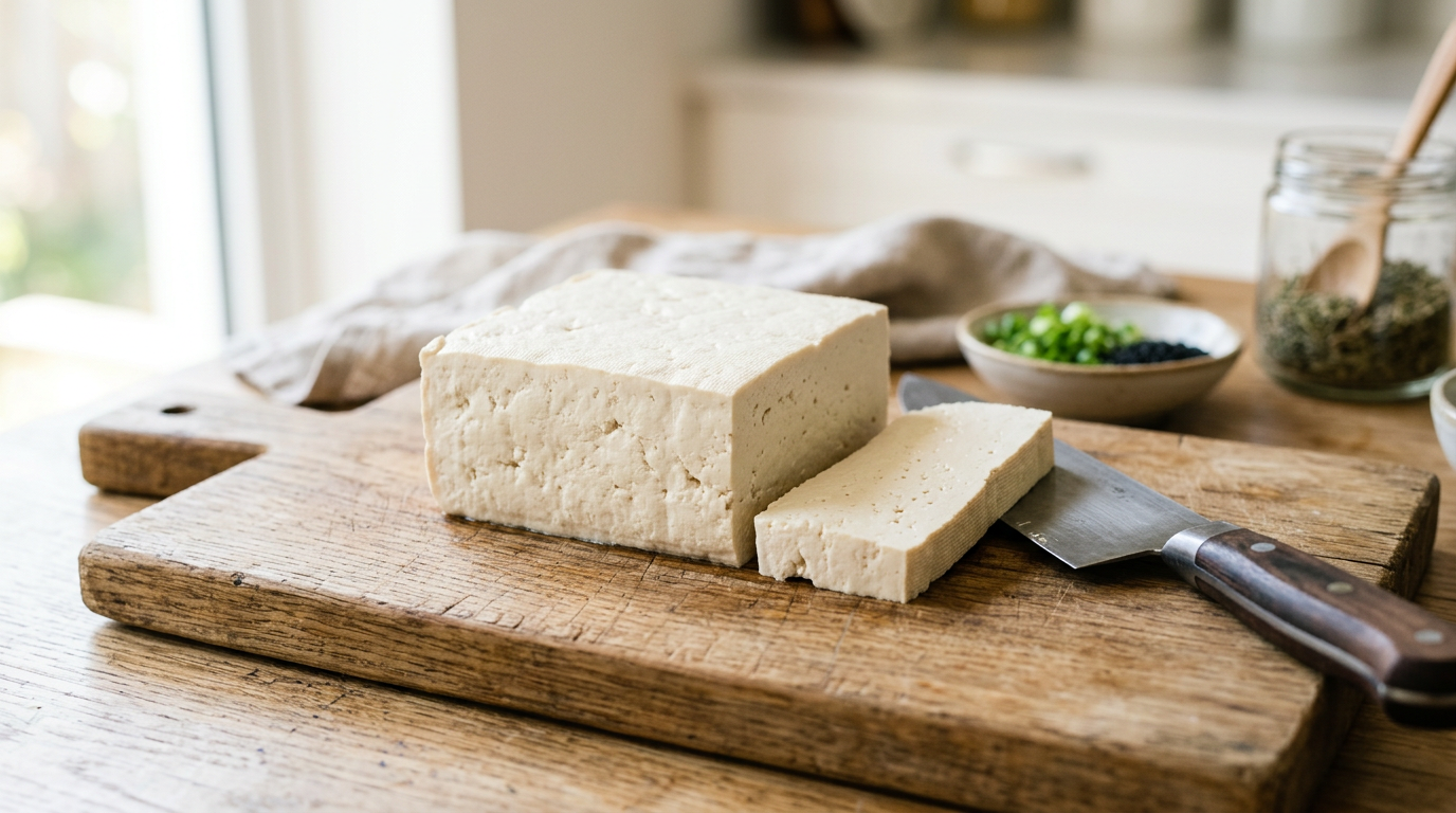 firm tofu block on a wooden cutting board with a knife