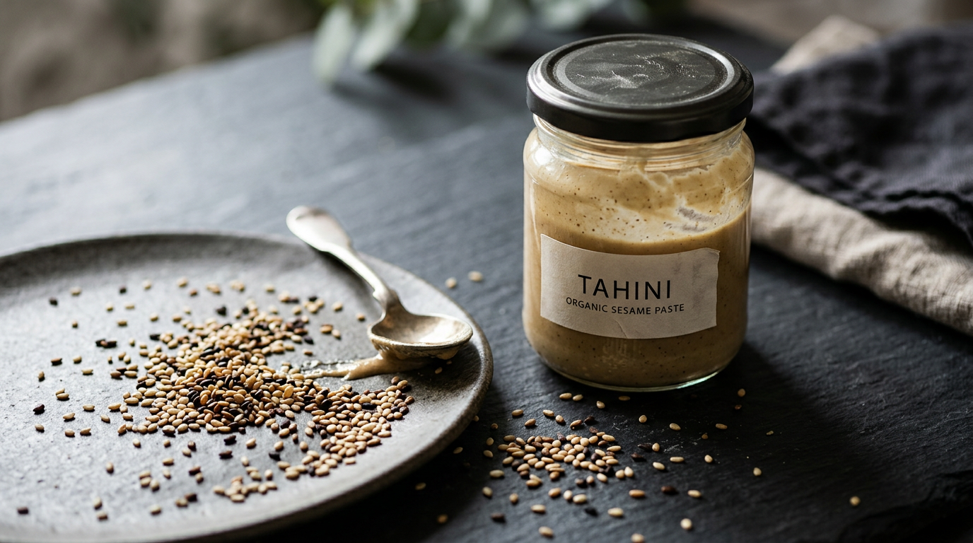 sesame seeds scattered on a dark surface next to a jar of tahini