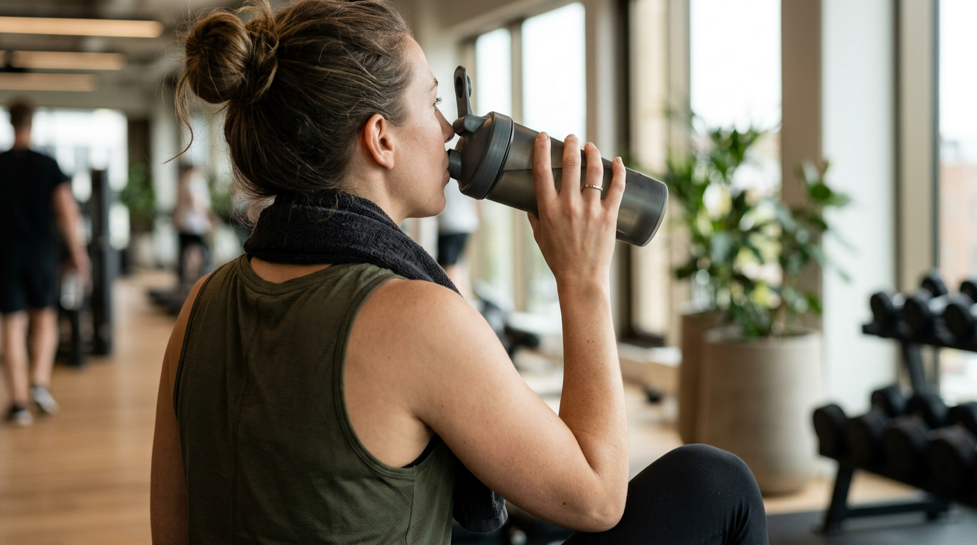 person drinking vegan protein shake after gym