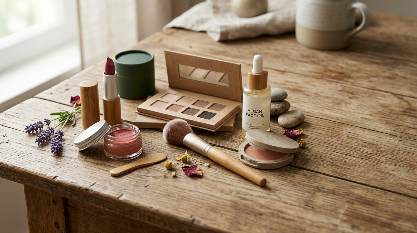 vegan makeup products on wooden table