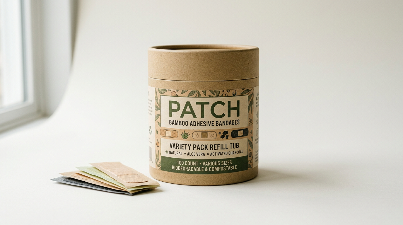 PATCH Bamboo Adhesive Bandages — 100 Count Variety Pack Refill Tub