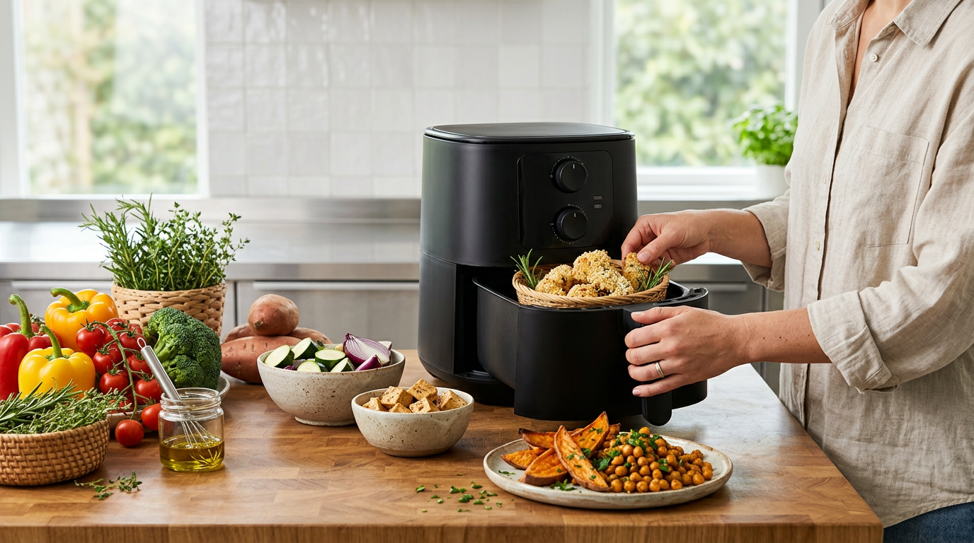 air fryer kitchen with plant-based ingredients bright and clean photography