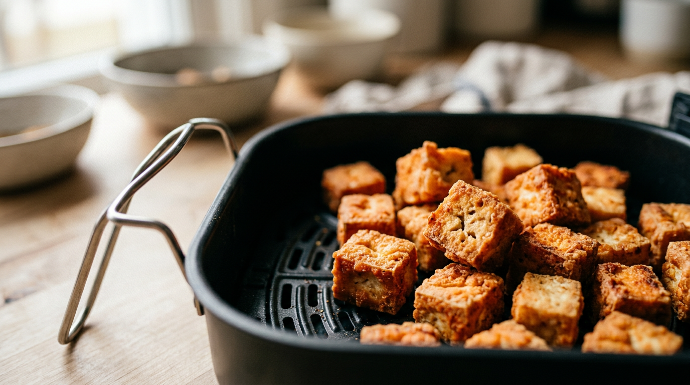crispy golden tofu cubes in an air fryer basket close-up perfect texture