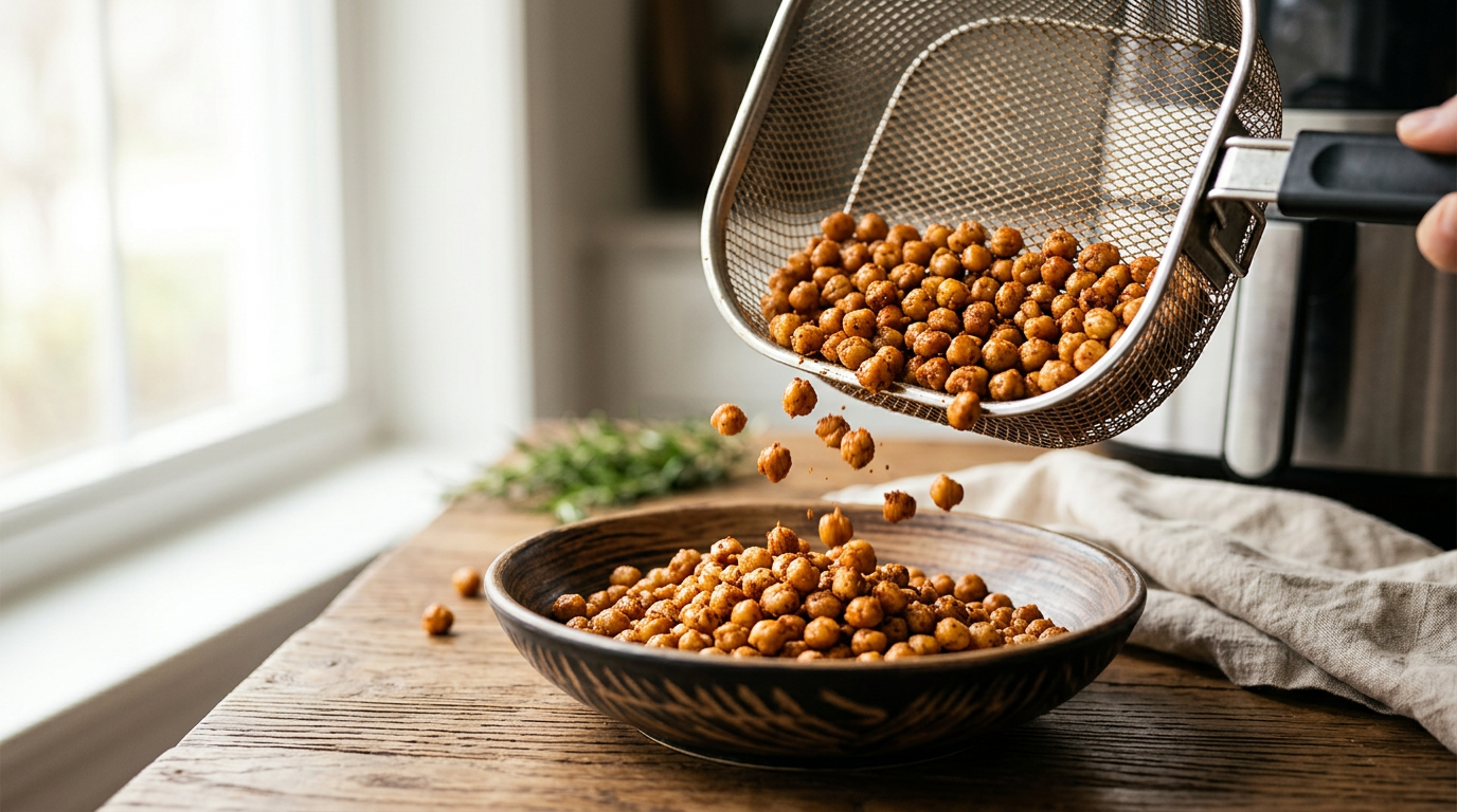 roasted chickpeas seasoned spilling from air fryer basket onto a wooden bowl