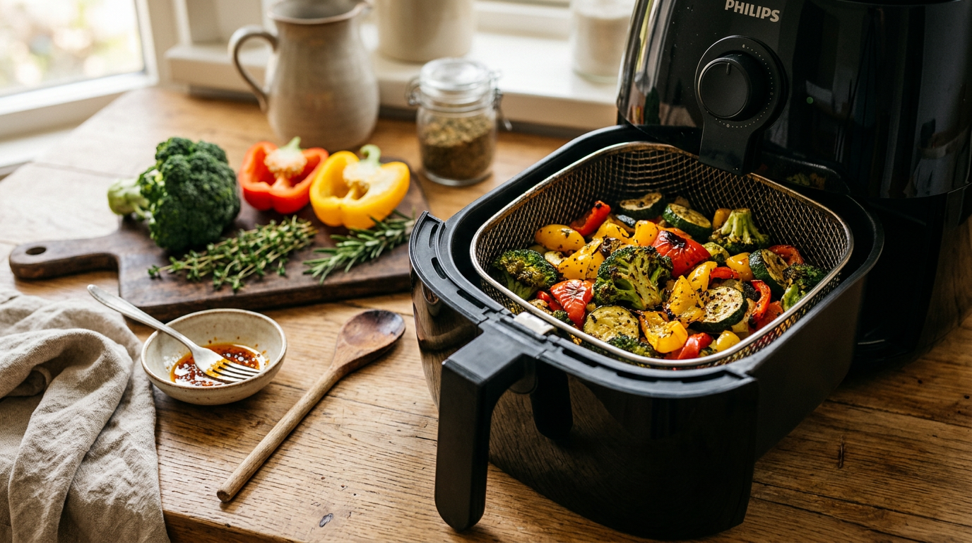 colorful roasted vegetables broccoli bell peppers zucchini in an air fryer