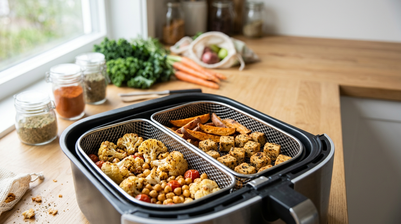 air fryer cooking various vegan ingredients simultaneously partitioned basket